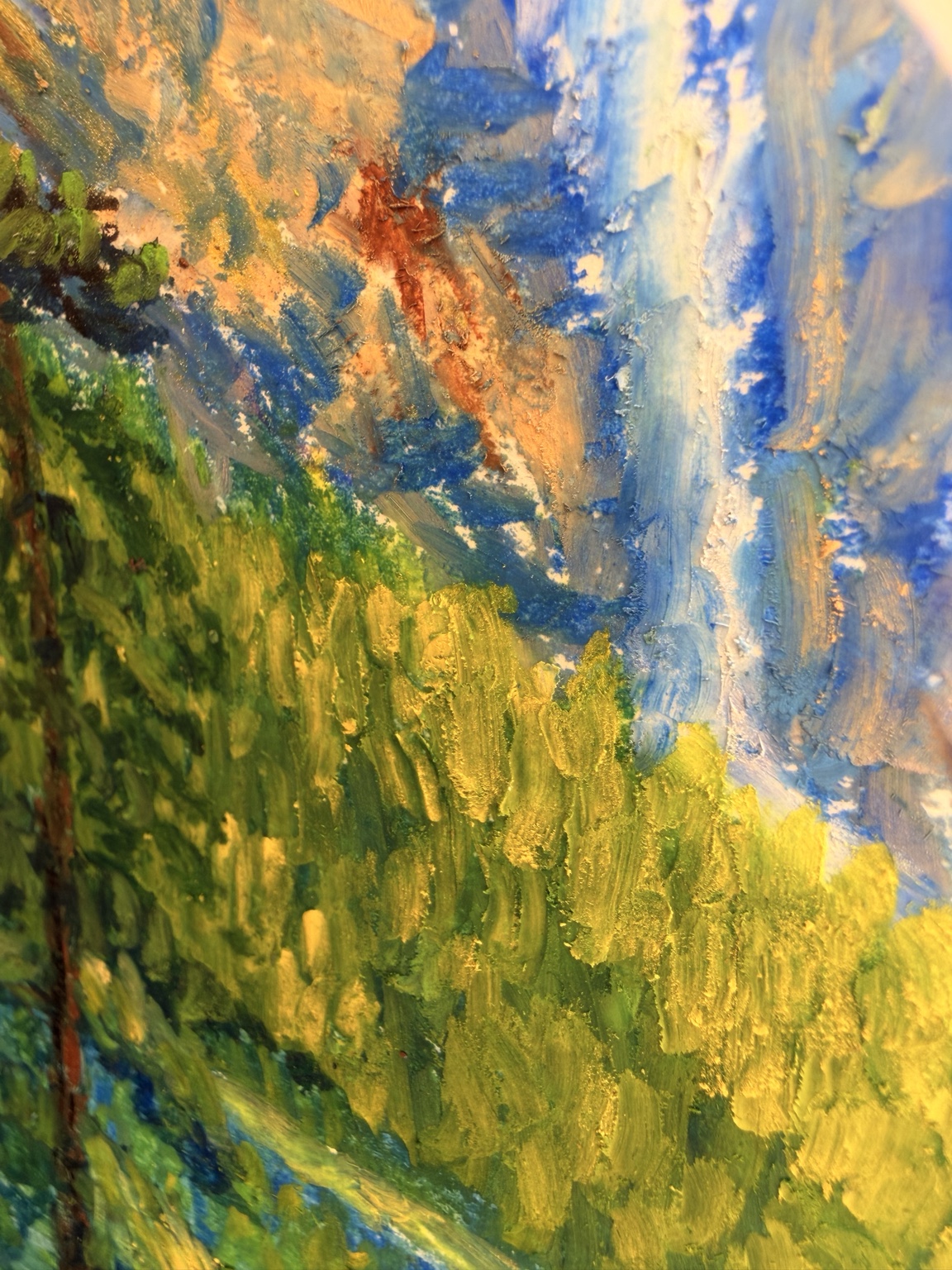 A close-up of layered blue, gold, and green oil pastel texture in ALPINE WATERS