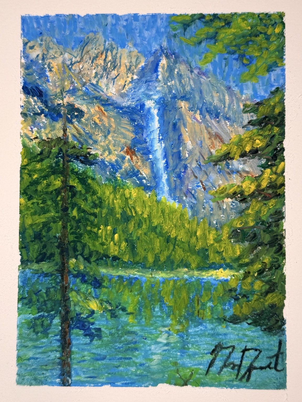 ALPINE WATERS, a vibrant oil pastel mountain lake and waterfall by Nolan Davenport