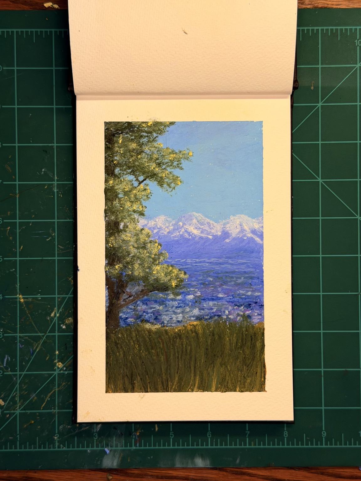 View THE CITY BELOW, an original oil pastel artwork